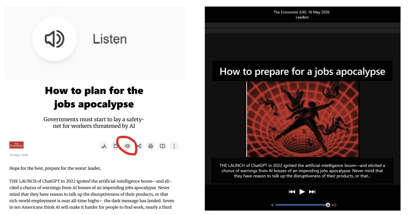 Shows the icon you need to select the Listen option, and then shows what the page looks like while it is narrating the article to you.