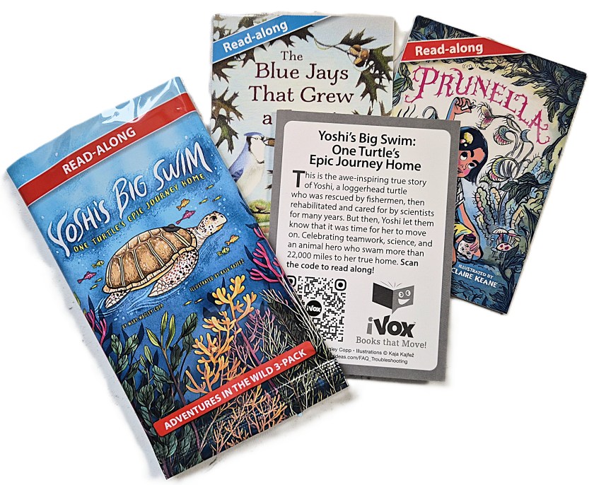 Three children's read-along books, including 'Yoshi's Big Swim: One Turtle's Epic Journey Home', 'The Blue Jays That Grew', and 'Prunella'. The packaging features colourful illustrations, with 'Yoshi's Big Swim' prominently displayed, showcasing a loggerhead turtle and marine life.
