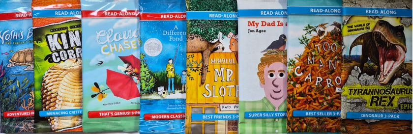 A collection of illustrated children's book covers arranged in a row, featuring vibrant artwork and titles such as 'Cloud Chaser', 'Mindful Mr. Sloth', and 'Tyrannosaurus Rex'. Each book is packaged with a 'Read-Along' label.